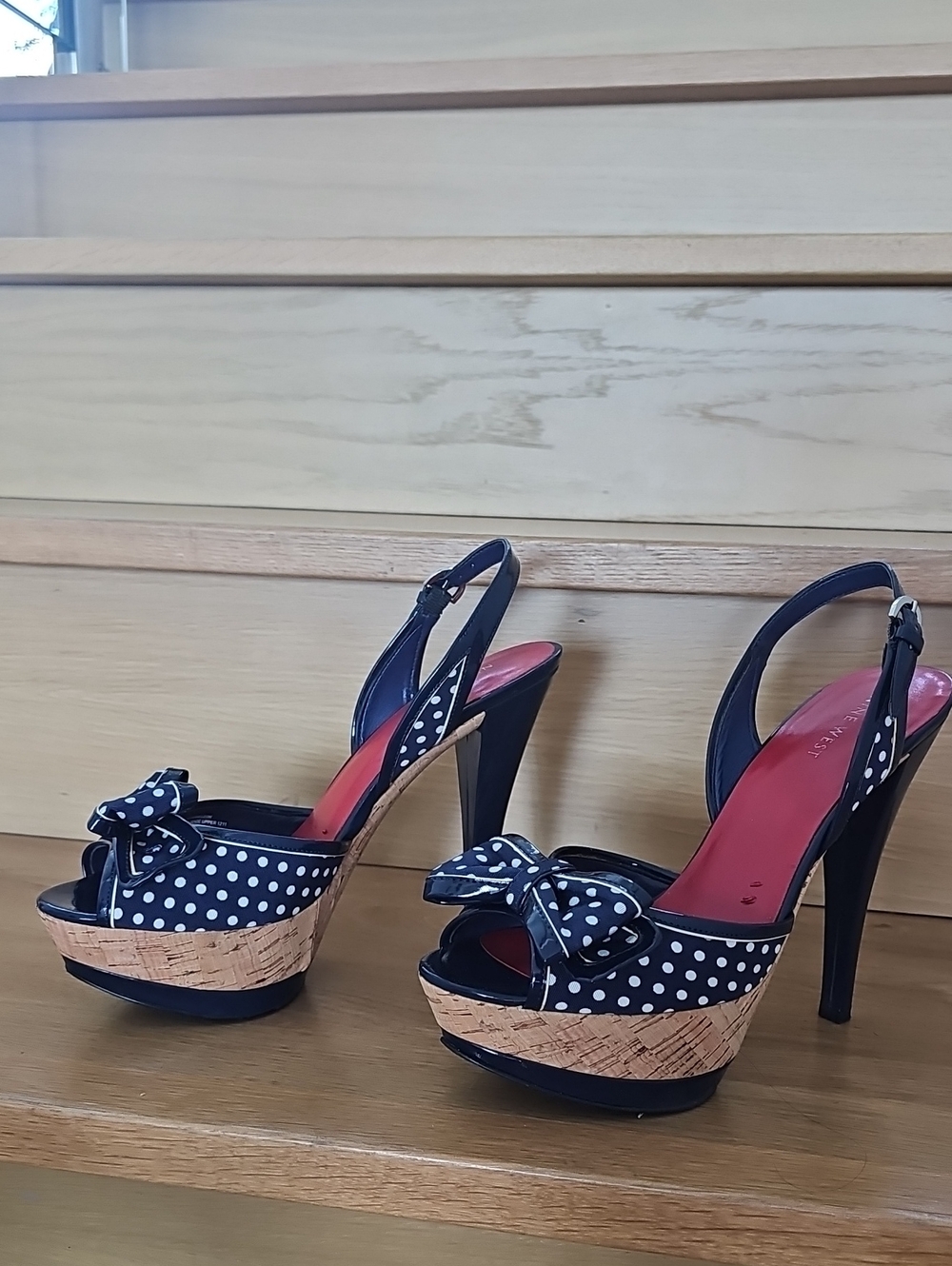 Nine West Navy and White Polka Dot Slingback Platform Heels